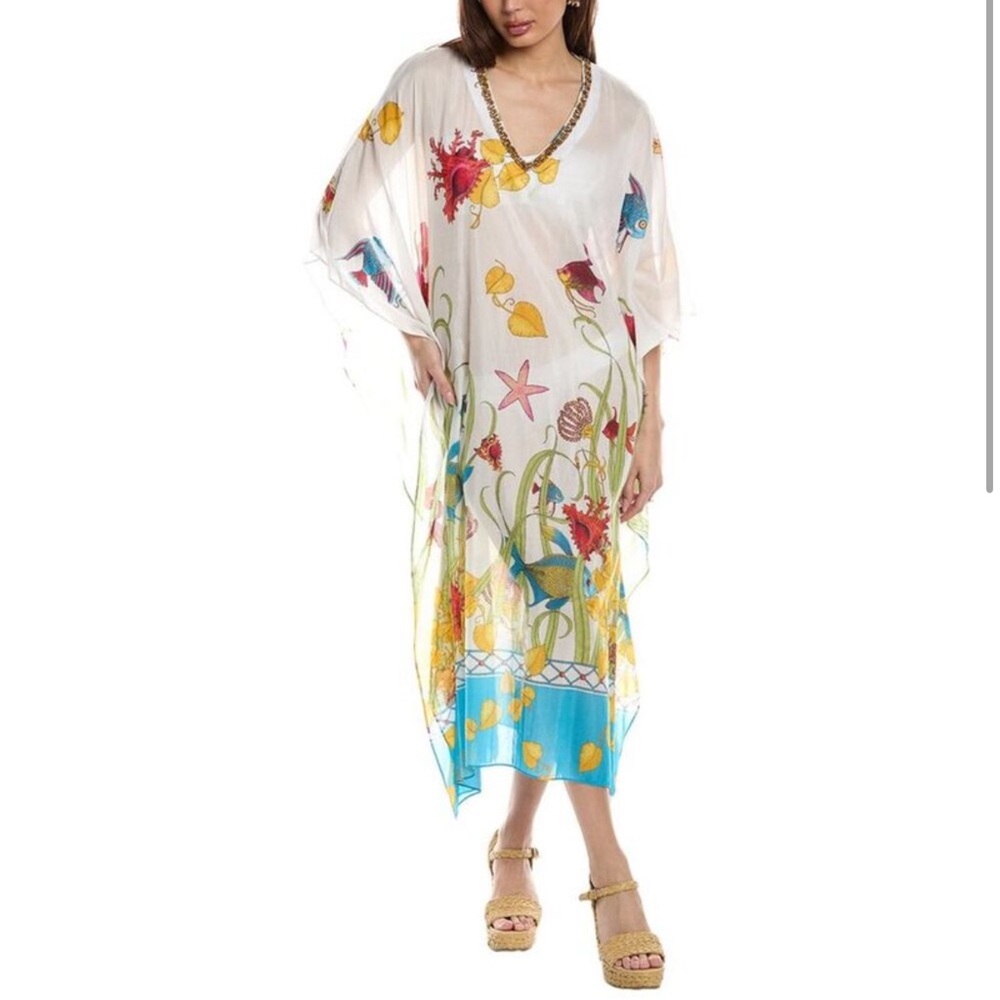 Natori Womens  Silk-Blend Caftan, White